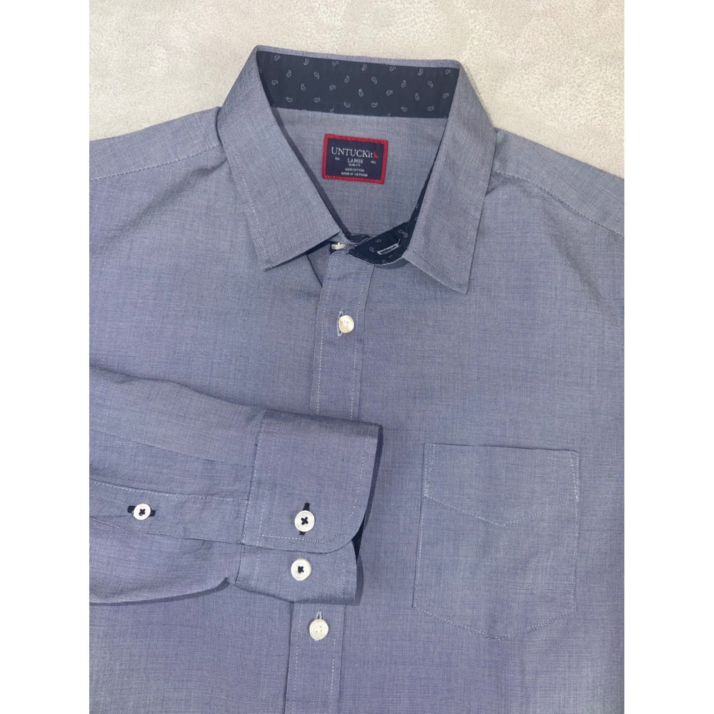 UNTUCKit Mens Large Blue Micro Check Slim Fit Long Sleeve Button Down Shirt